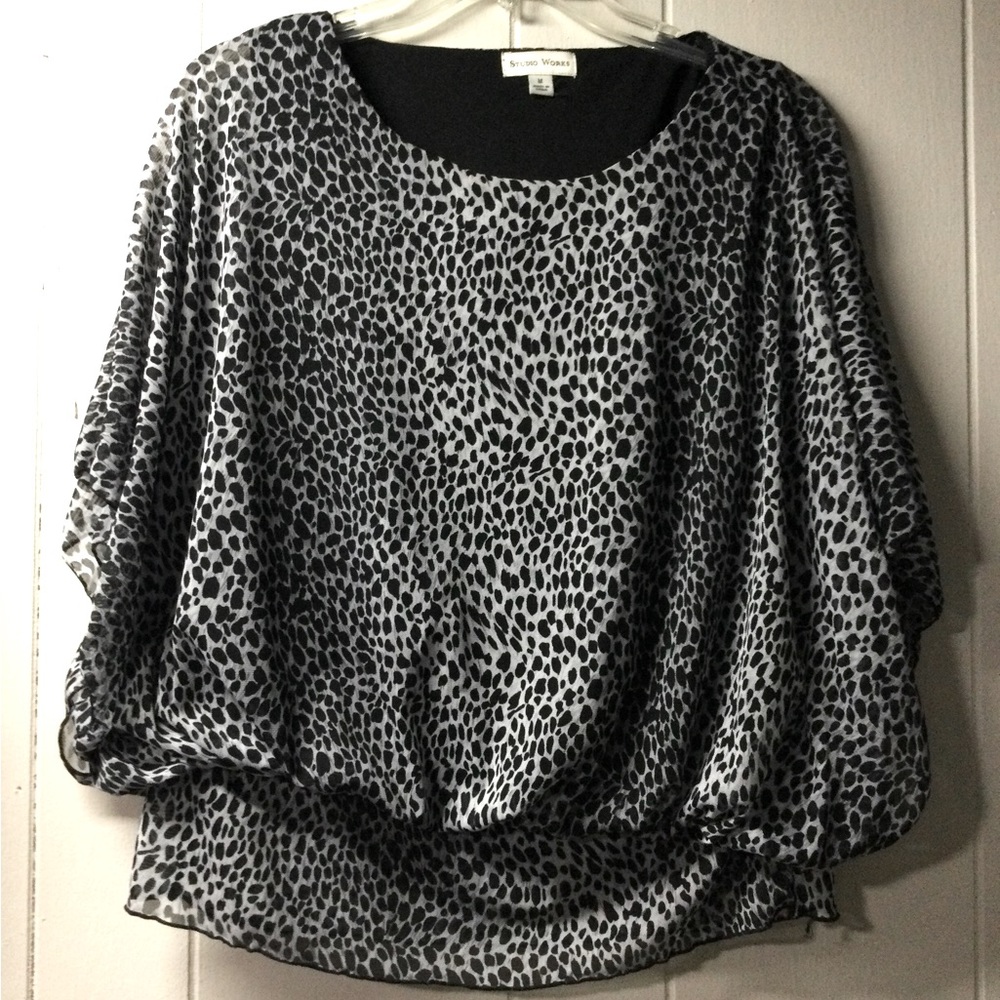 Studio Works grey and black leopard like print top size M